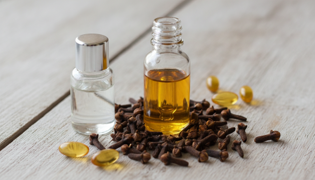 A close-up of a small glass dropper bottle filled with a golden serum surrounded by cloves a bottle of baby oil and vita