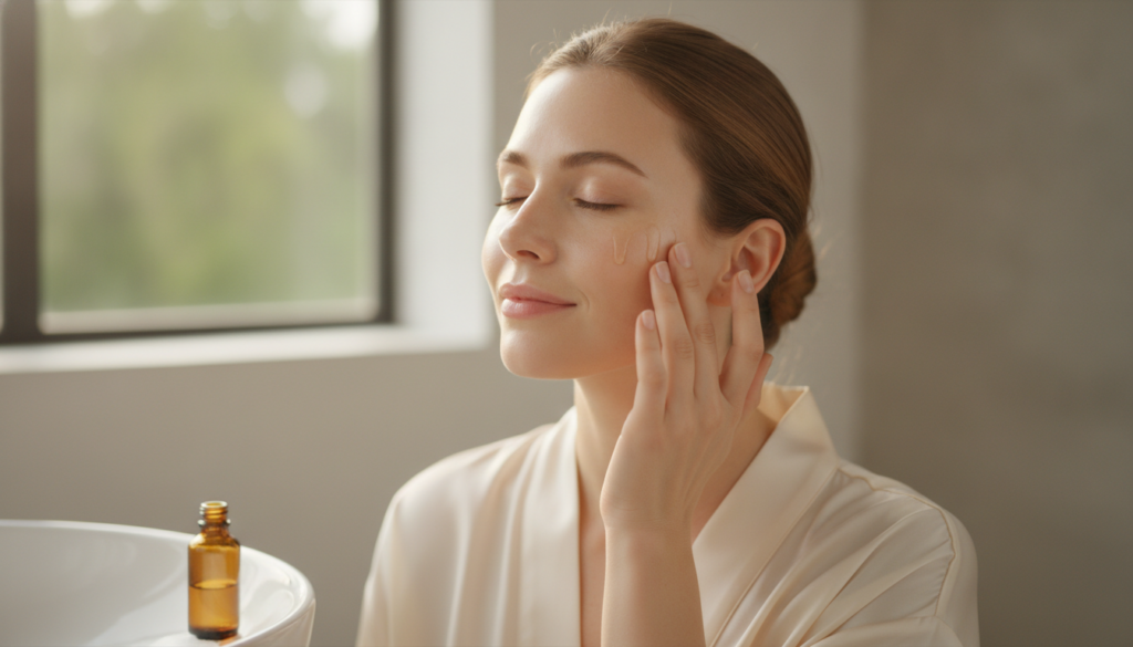A woman gently massaging a serum into her face with a soft natural glow focusing on her cheek and forehead area She look