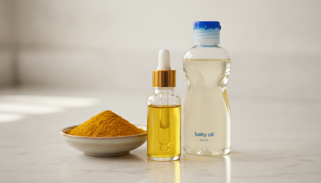 Small glass bottle containing yellow turmeric oil next to a small bowl of turmeric powder and a bottle of baby oil on a 