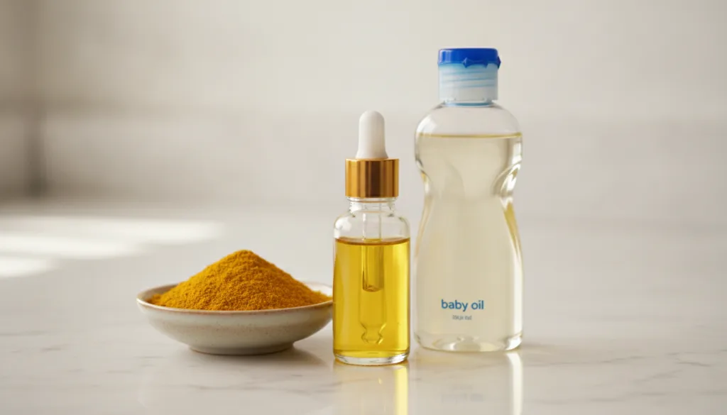 Small glass bottle containing yellow turmeric oil next to a small bowl of turmeric powder and a bottle of baby oil on a