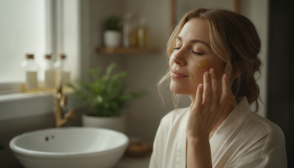 A woman gently massaging a yellow-tinted oil onto her cheek with a soft focus background