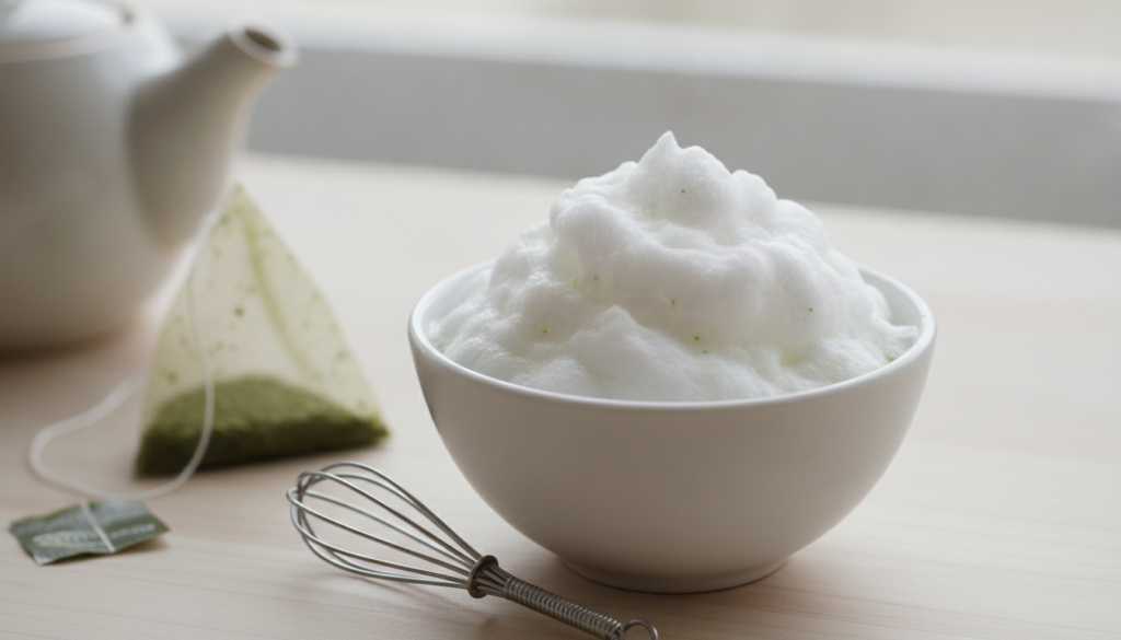 A small white bowl containing a foamy light-colored mask made from egg white and brewed green tea A whisk and a tea bag