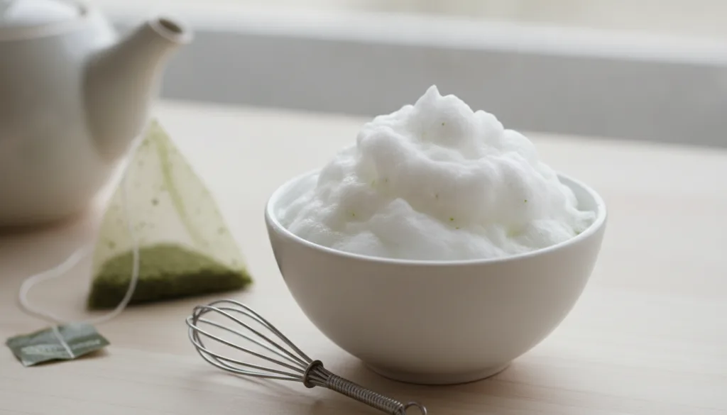 A small white bowl containing a foamy light-colored mask made from egg white and brewed green tea A whisk and a tea bag 