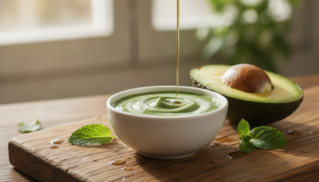 A creamy green avocado mask in a small white bowl with half an avocado and a drizzle of olive oil in the background The