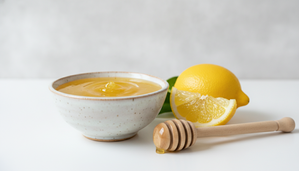A small ceramic bowl with a golden-yellow mask made of honey and lemon a lemon wedge and a honey dipper next to it on a