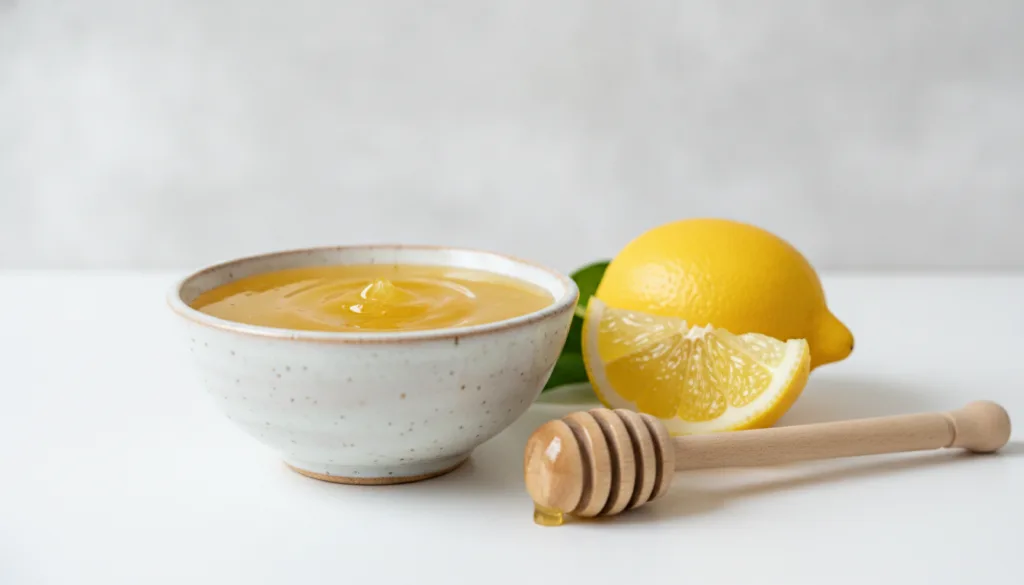 A small ceramic bowl with a golden-yellow mask made of honey and lemon a lemon wedge and a honey dipper next to it on a 