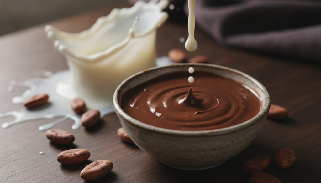 A rich brown smooth chocolate-like mask in a small ceramic bowl made with cocoa powder and milk A few cocoa beans and a