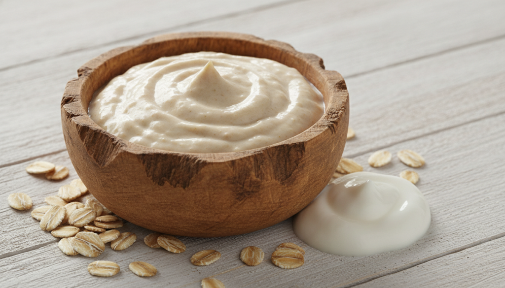 A creamy textured face mask in a small wooden bowl made with oatmeal and plain yogurt Rolled oats are sprinkled nearby f