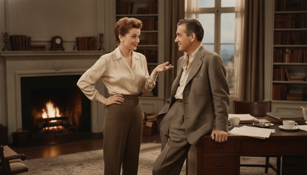 Katharine Hepburn and Spencer Tracy sharing a witty exchange in a film scene showcasing their famous on-screen chemistry