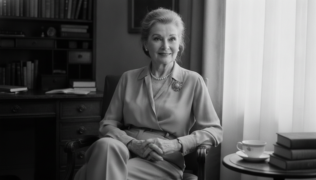 An older Katharine Hepburn looking wise and elegant perhaps from her later career symbolizing her enduring legacy