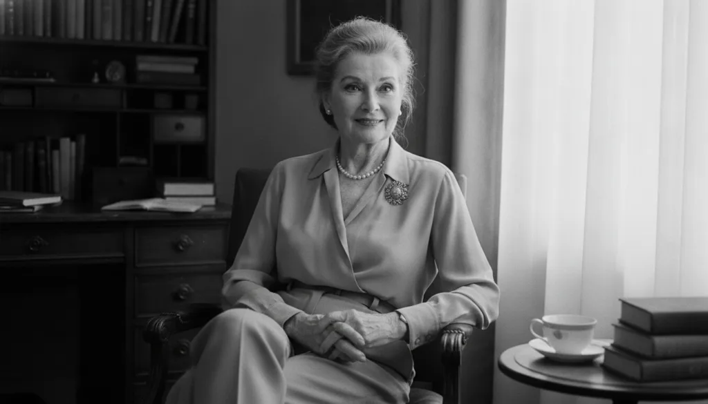 An older Katharine Hepburn looking wise and elegant perhaps from her later career symbolizing her enduring legacy