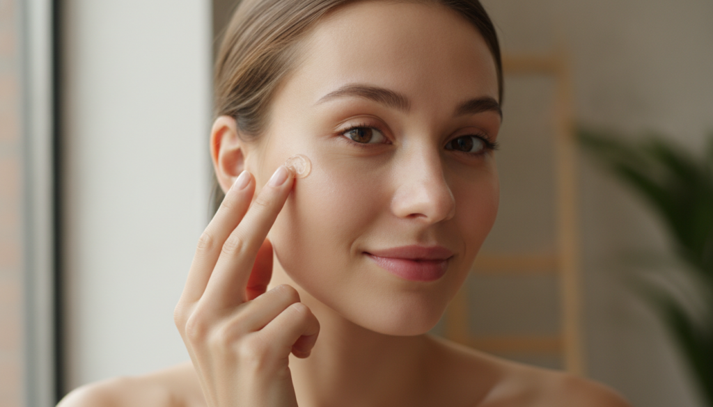 A woman gently applying a small amount of Vaseline to her face focusing on areas like the forehead or around the eyes He