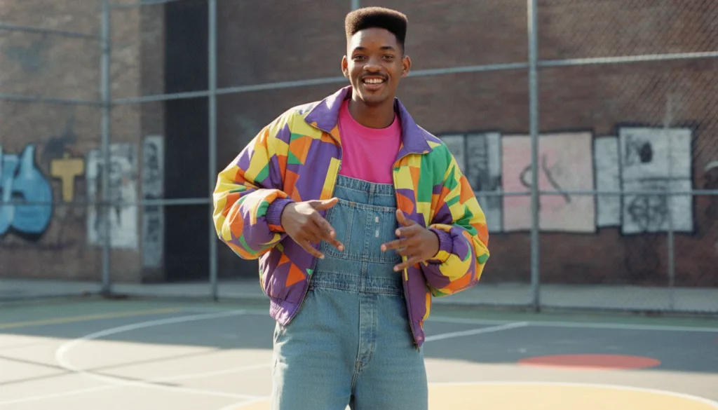 Young Will Smith as The Fresh Prince wearing a colorful 90s outfit smiling and confident
