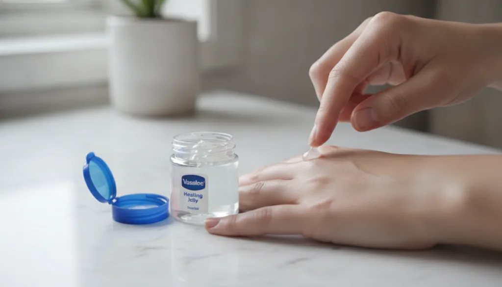 A close-up of a jar of Vaseline Healing Jelly next to a hand gently applying a small amount to clean radiant skin The ba