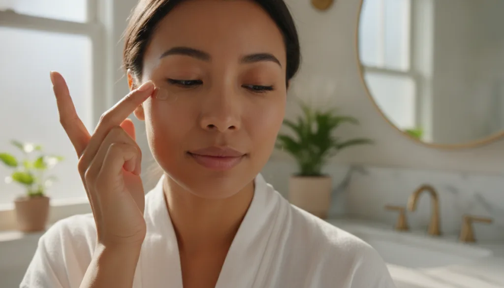 A woman gently dabbing a tiny amount of Vaseline under her eye area with her ring finger smiling softly Her skin looks s