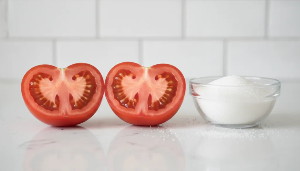 A fresh ripe red tomato cut in half next to a small bowl of granulated white sugar on a clean kitchen counter