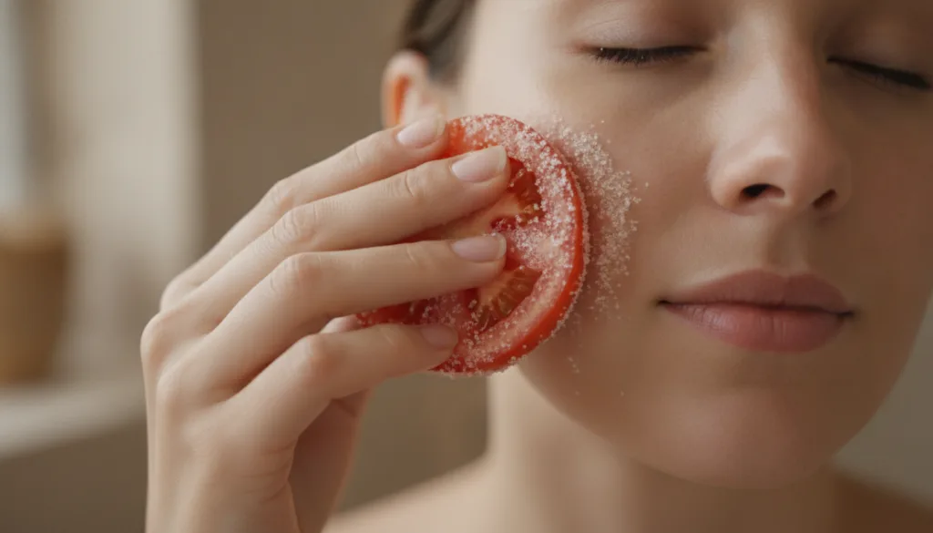 A close-up of a hand gently rubbing a sugar-coated tomato half on the cheek of a person demonstrating the application pr