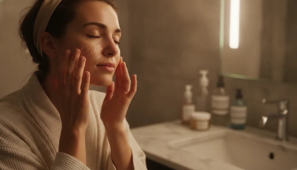 A woman gently applying a few drops of a clear gel serum to her face at night with a soft glowing light indicating a qui