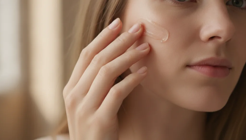 A close-up of a hand gently massaging a gel into the skin on a cheek showing a smooth hydrated texture Focus on the skin