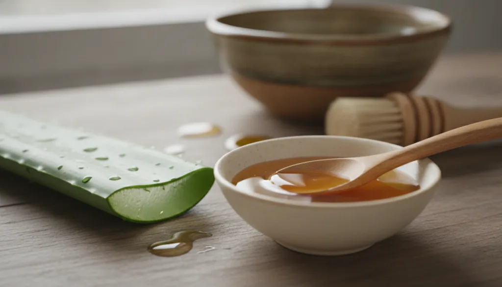 Close-up of fresh aloe vera leaf and a small bowl of golden honey with a mixing bowl and brush in the background suggest