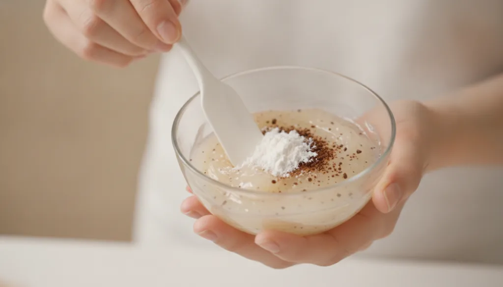 Close-up shot of hands mixing Vaseline rice powder and ground cloves in a small glass bowl with a small spatula The mixt