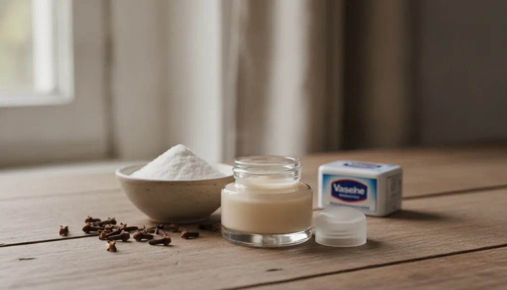 A cozy warm-lit scene featuring a small glass jar of homemade night gel a bowl of white rice powder whole cloves and a s