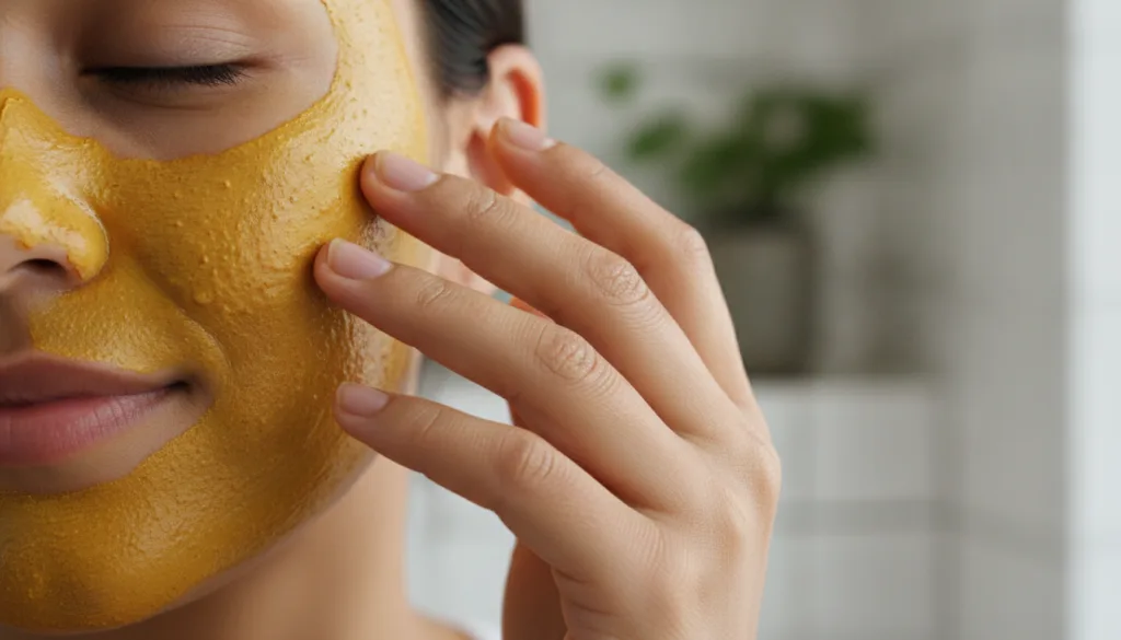 A close-up of a person gently applying a yellow turmeric-based face mask to their cheek with fingers carefully spreading