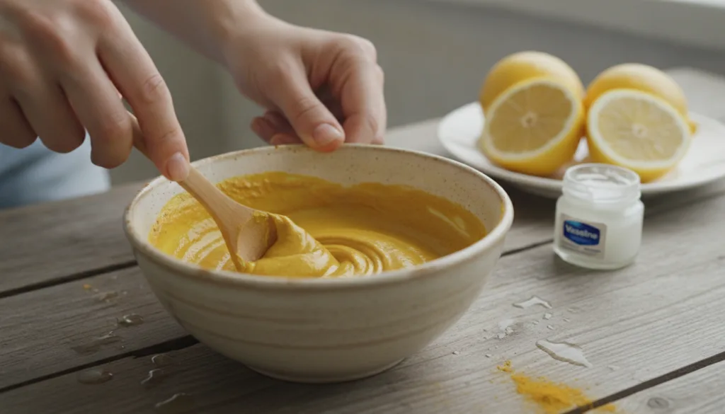 A close-up of a DIY face mask being mixed in a small bowl showing a yellow turmeric paste with a lemon slice and a jar o