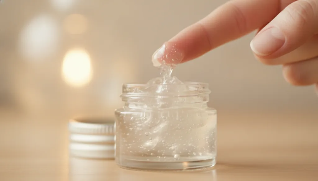 A close-up shot of a small clear glass jar containing the homemade gel mixture of Vaseline and Johnson s Baby Oil with a
