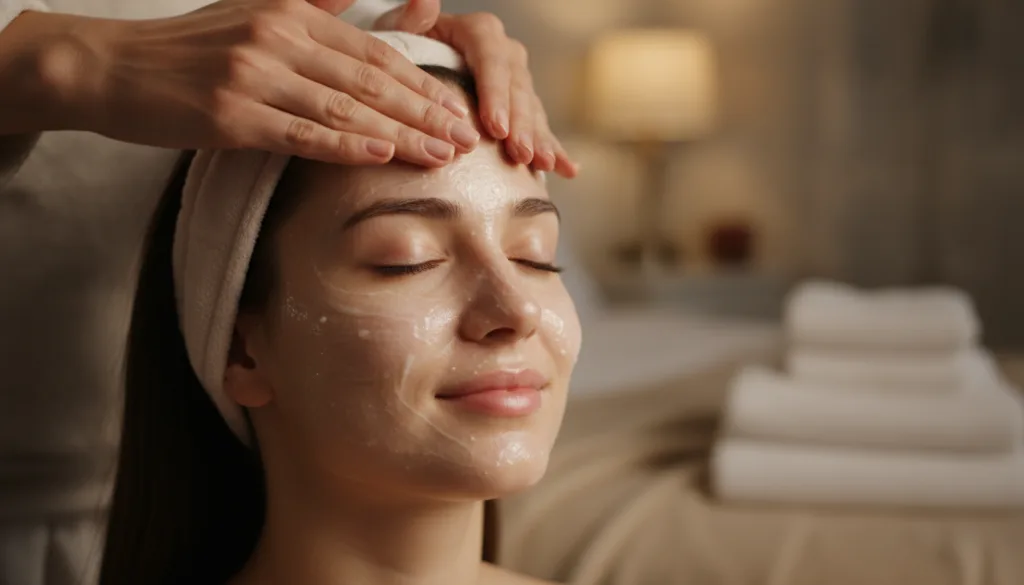 Two hands gently applying the Vaseline and Johnson s Baby Oil mixture to a woman s clean face at night showing a smooth 
