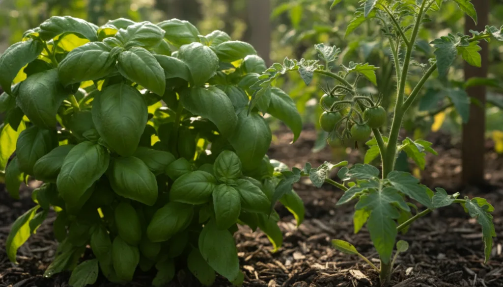 Close-up of healthy basil growing alongside a young tomato plant in a garden bed illustrating a classic companion planti