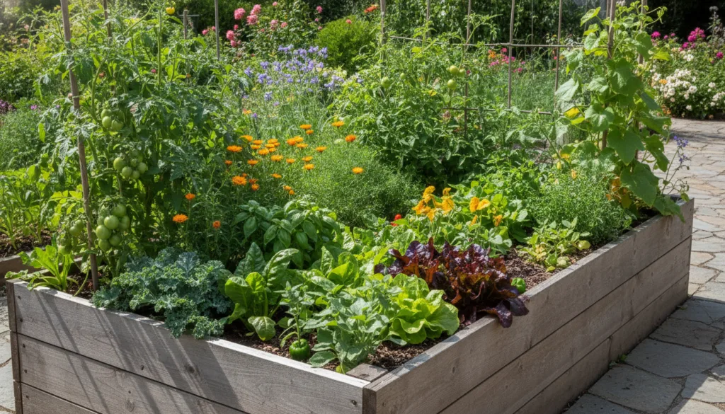 A vibrant raised garden bed showcasing various companion plants growing harmoniously such as basil next to tomatoes mari