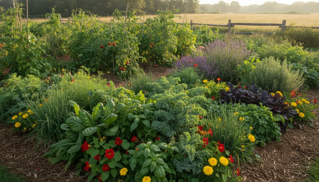 A vibrant well-maintained garden bed showcasing various plants growing closely together in an interplanting arrangement 