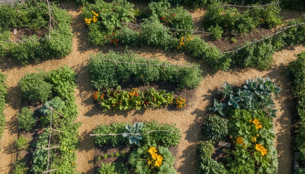 An overhead view of a diverse and thriving organic vegetable garden showcasing various plants growing together in harmon