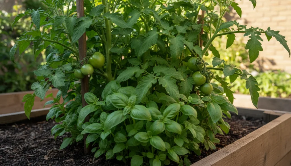 A close-up shot of a healthy tomato plant with vibrant green basil growing at its base illustrating a classic companion 