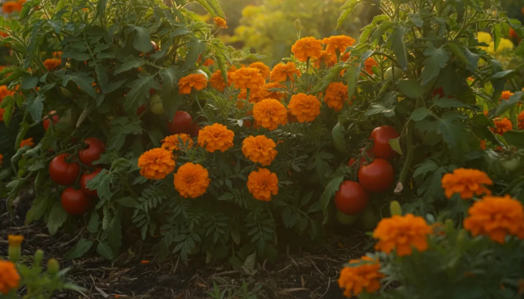A vibrant garden bed showcasing marigolds planted alongside tomato plants with healthy green foliage and a few ripe red 