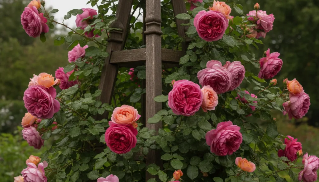A close-up of an elegant wooden obelisk trellis supporting a vibrant climbing rose showcasing its beauty and functionali