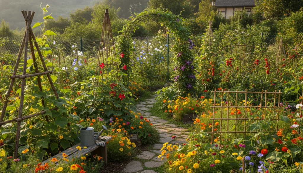 A vibrant thriving home garden featuring various climbing plants supported by different types of trellises Sunlight filt