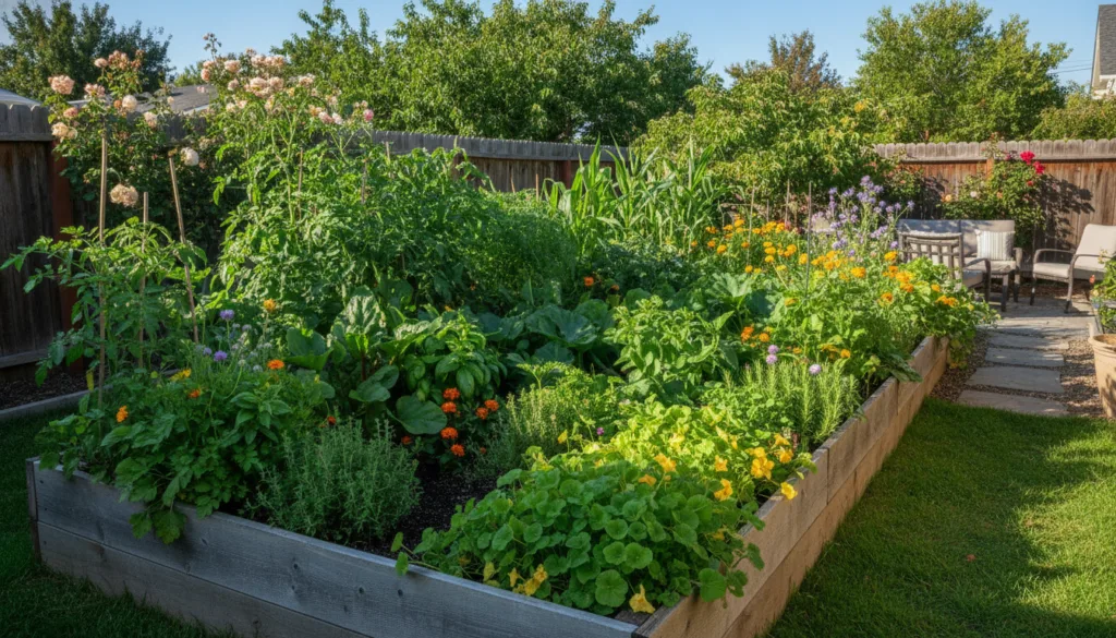 A vibrant thriving raised garden bed filled with a variety of healthy vegetables and herbs planted closely together show