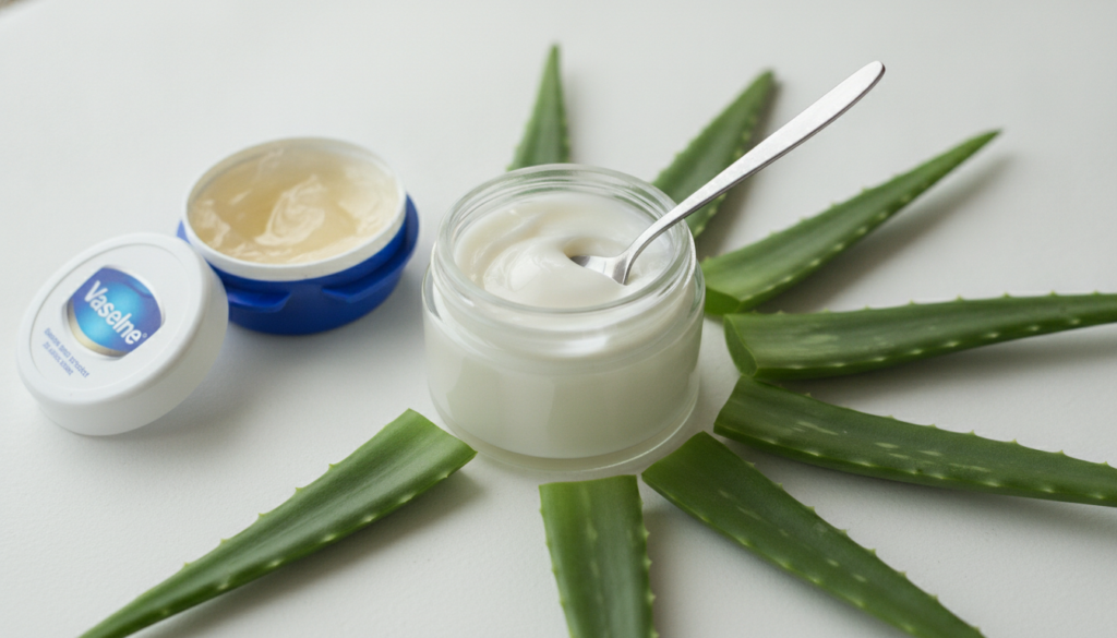 A small jar of homemade Vaseline and aloe vera face balm with a spoon dipping into it surrounded by fresh aloe vera leav