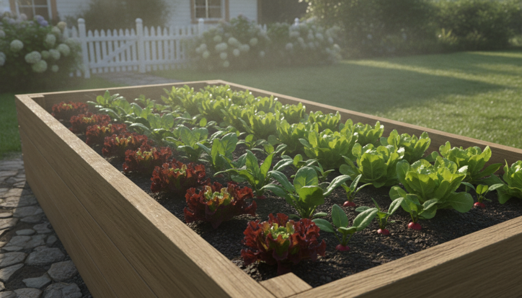 A vibrant raised garden bed filled with shallow-rooted vegetables like lettuce spinach and radishes looking lush and hea
