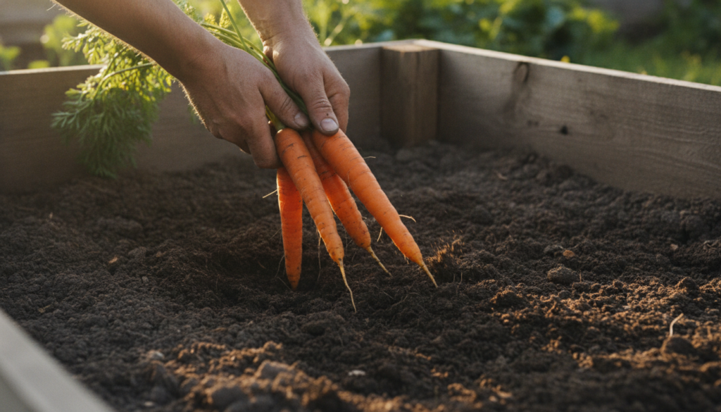 A gardener harvesting long healthy carrots from a deep raised garden bed showcasing the depth required for such root veg