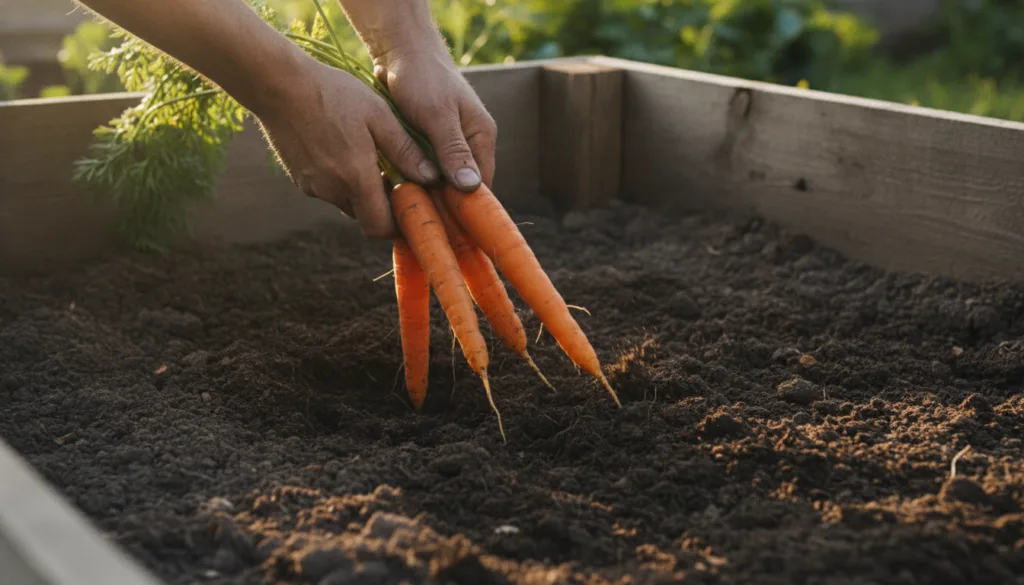 A gardener harvesting long healthy carrots from a deep raised garden bed showcasing the depth required for such root veg