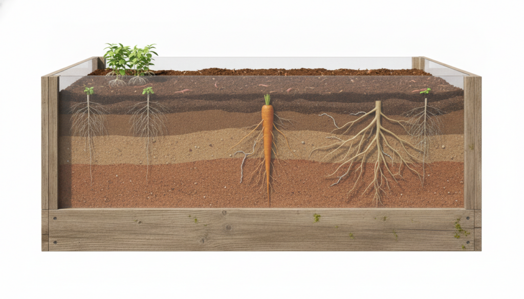 An illustration showing a cross-section of a raised garden bed with different layers of soil and plant roots extending t