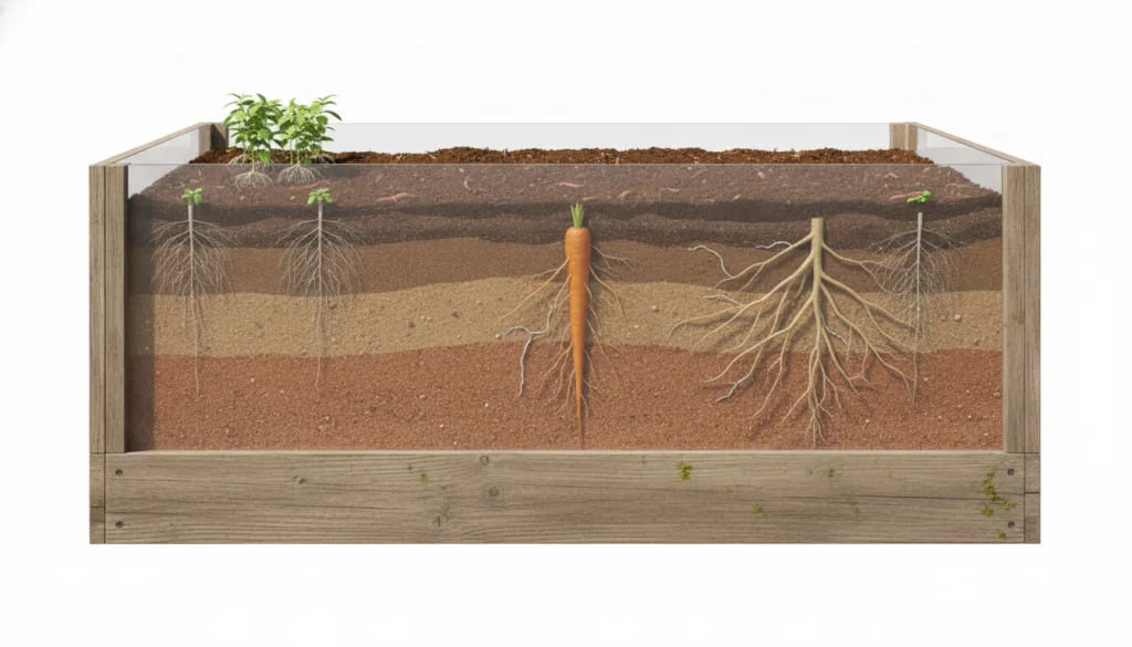 An illustration showing a cross-section of a raised garden bed with different layers of soil and plant roots extending t
