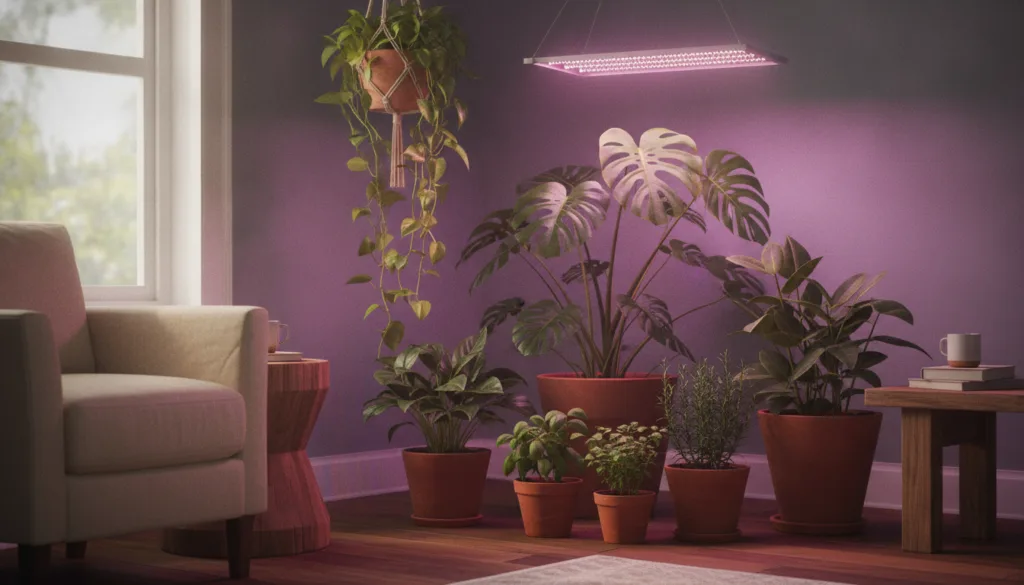 An indoor plant setup with various potted plants arranged under a bright LED grow light The room is cozy and well-lit sh