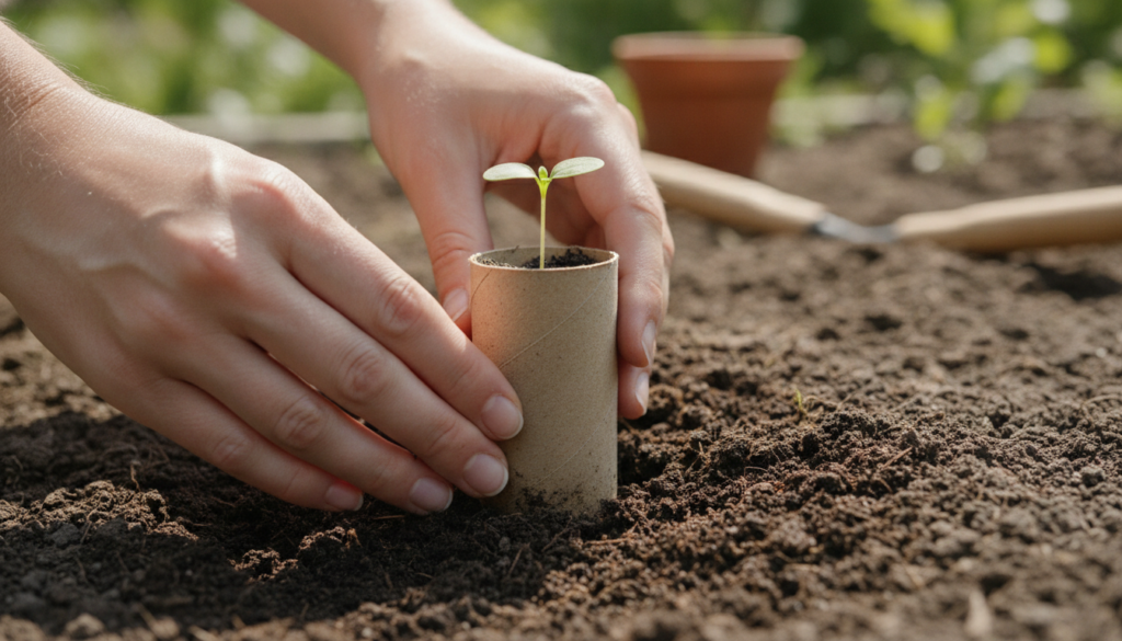 A person s hands gently transplanting a seedling grown in a toilet paper roll pot into a garden bed showcasing an easy D
