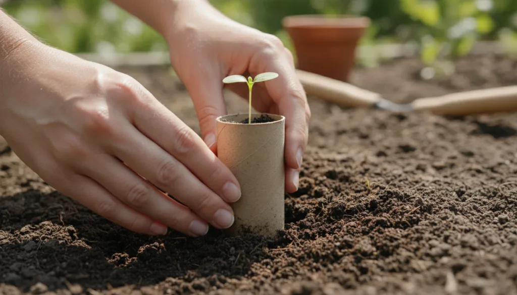 A person s hands gently transplanting a seedling grown in a toilet paper roll pot into a garden bed showcasing an easy D