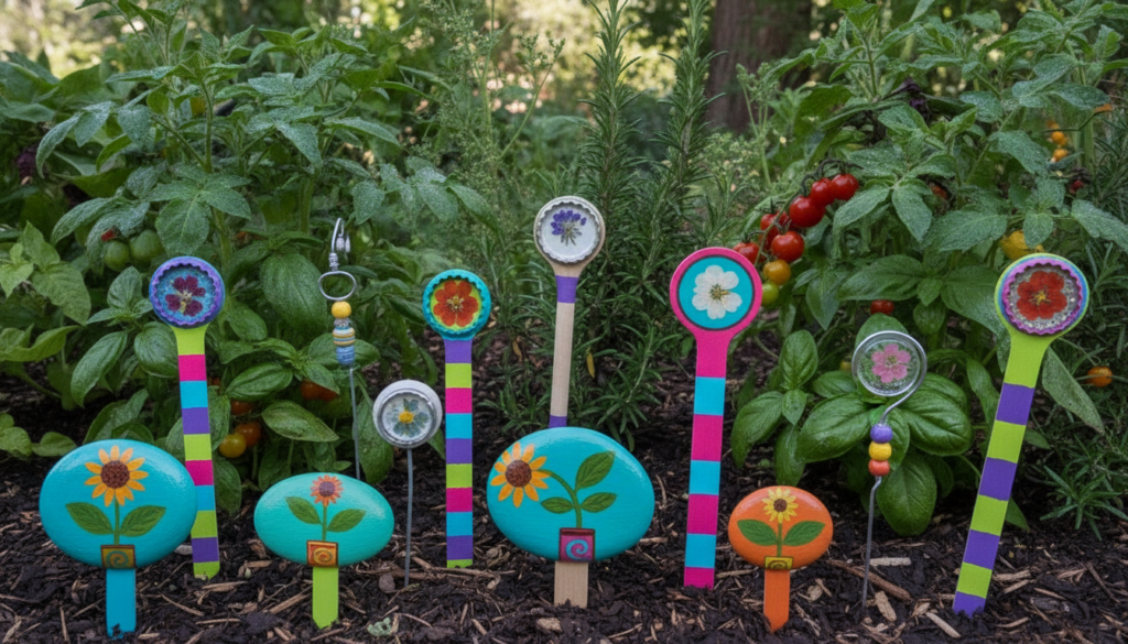 Creative and colorful DIY plant markers made from recycled materials such as painted rocks and labeled wooden sticks sta