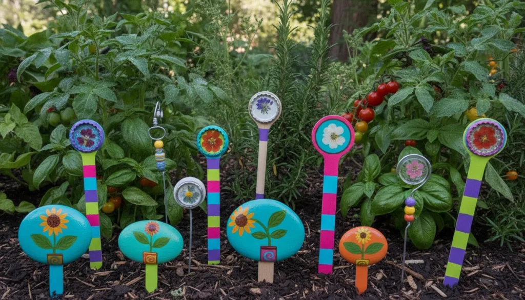 Creative and colorful DIY plant markers made from recycled materials such as painted rocks and labeled wooden sticks sta
